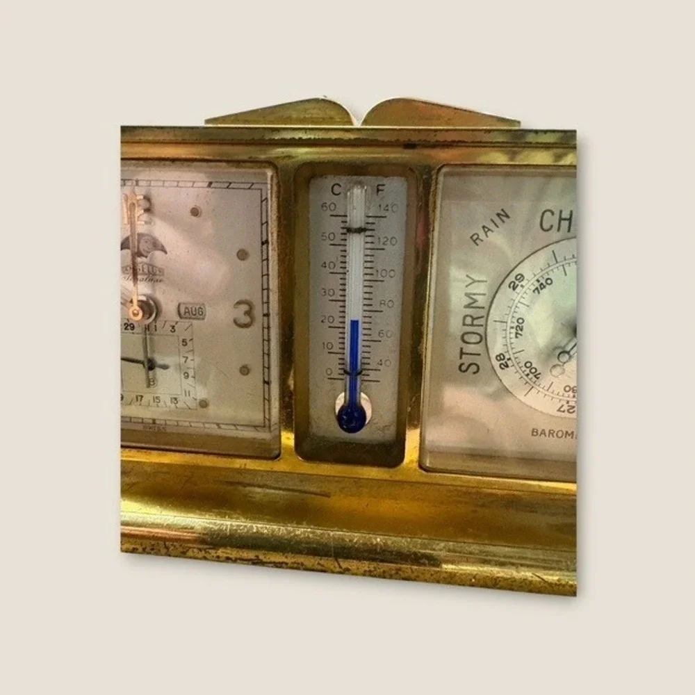 VTG Angelus Swiss Weather Station Moon Phase Clock Barometer Thermometer Brass